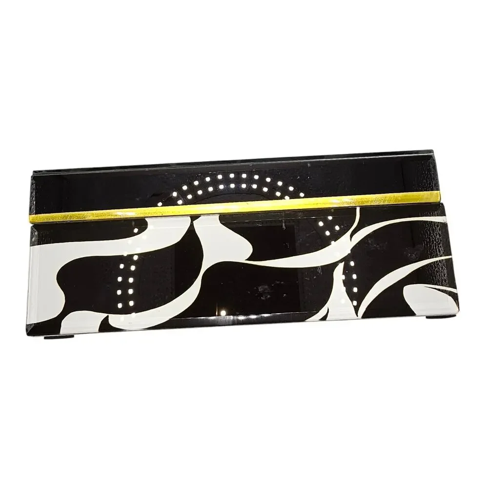 Trina Turk Mirror Print Jewelry Trinket Box Black White Wave Design Gold Trim